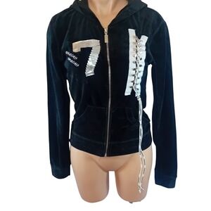 Vintage Y2K Meow Meow Velour Hoodie Sequin LaceUp Mcbling Streetwear HOLE READ M